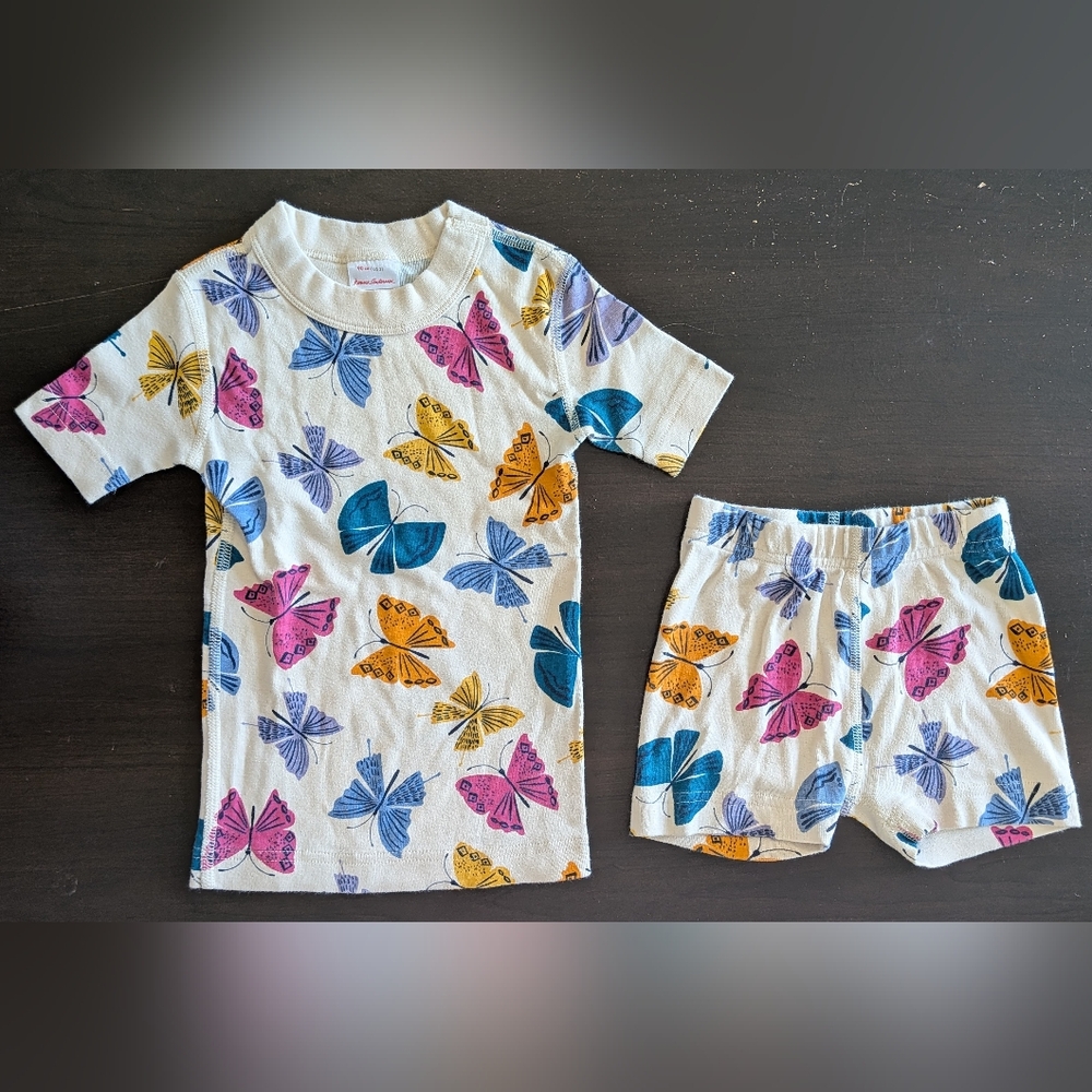 VGUC Hanna Andersson 3T Short John Pajamas  Colorful Butterflies Ecru Cotton